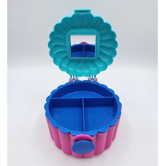 Round Plastic Multi-Colored Jewelry Makeup Case Organizer, Carry Handle, Mirror - Picture 5 of 12